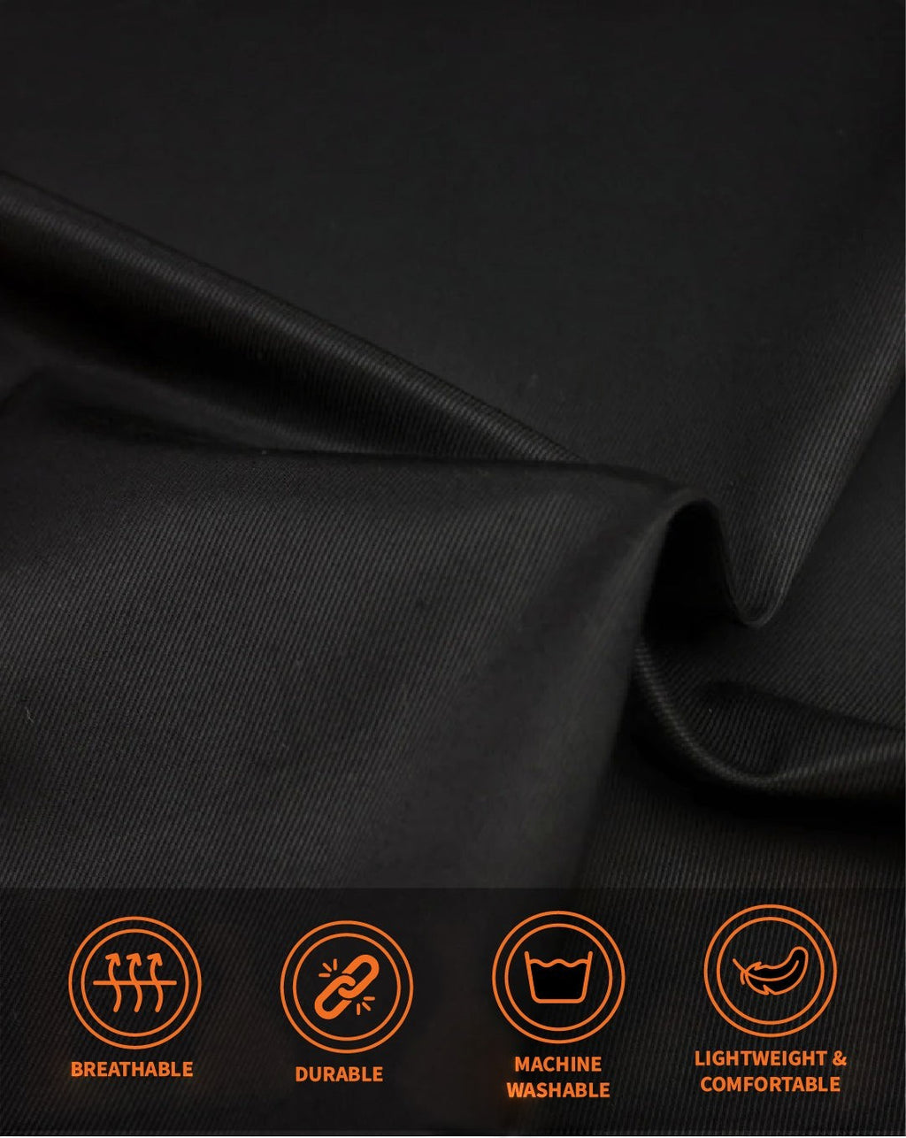 Reapsew black chef jacket fabric texture showing breathable, durable, and lightweight material features.