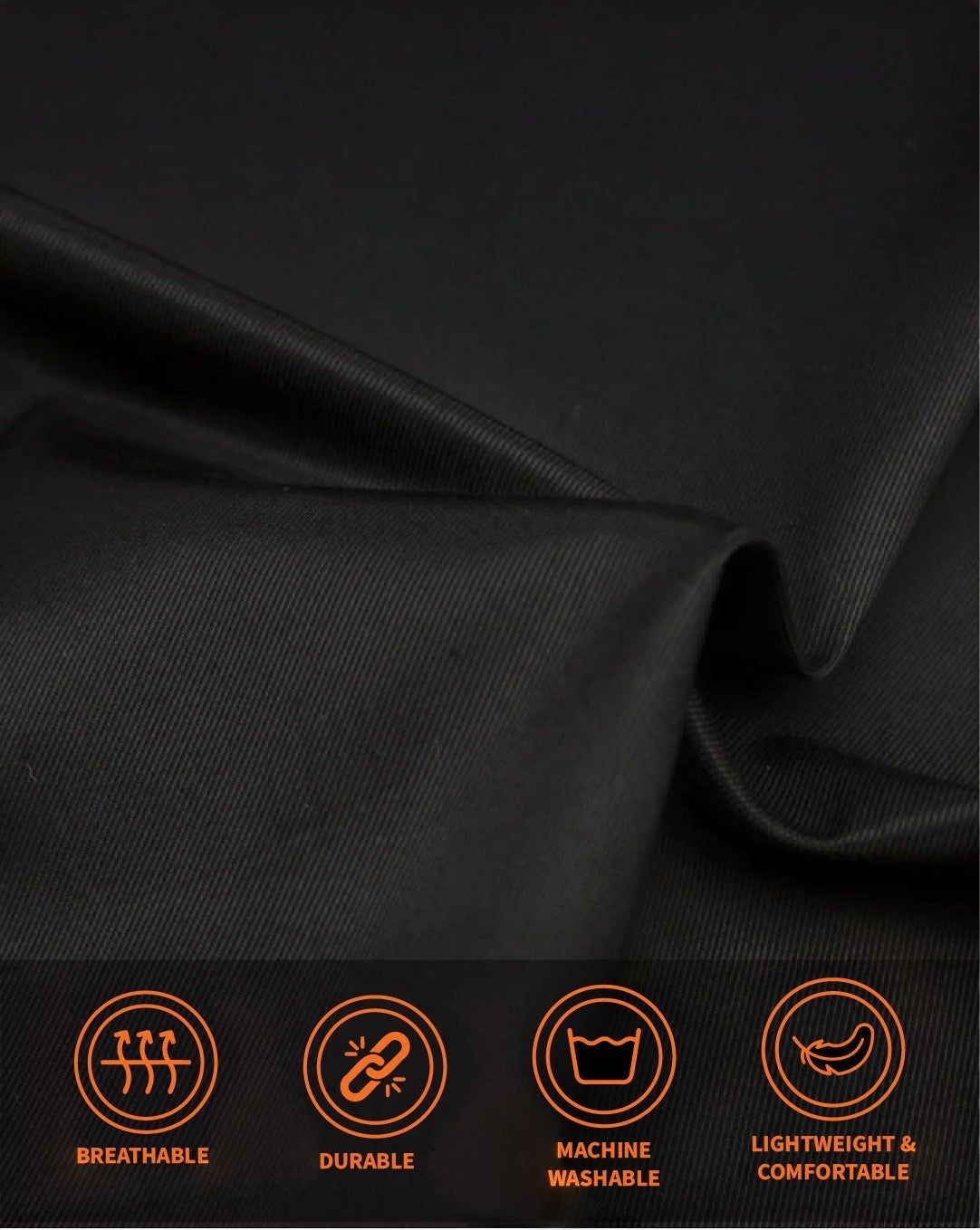 Reapsew black chef jacket fabric texture showing breathable, durable, and lightweight material features.