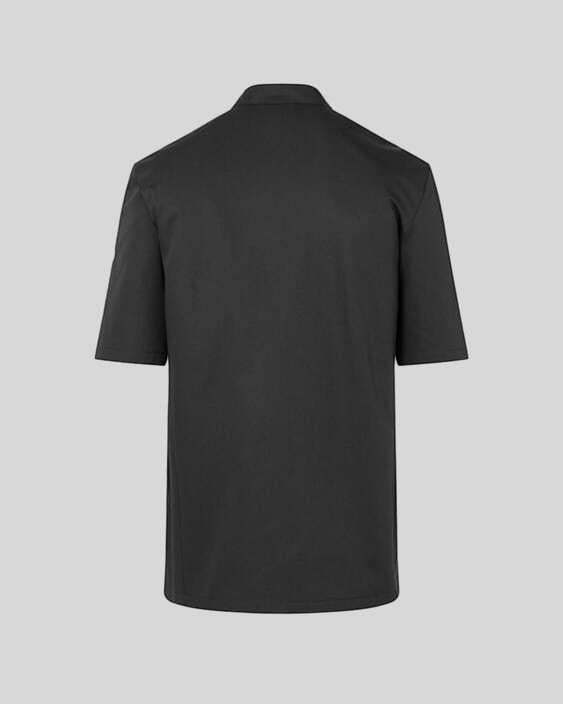 Back view of a Reapsew black executive short sleeve chef jacket made from lightweight breathable fabric