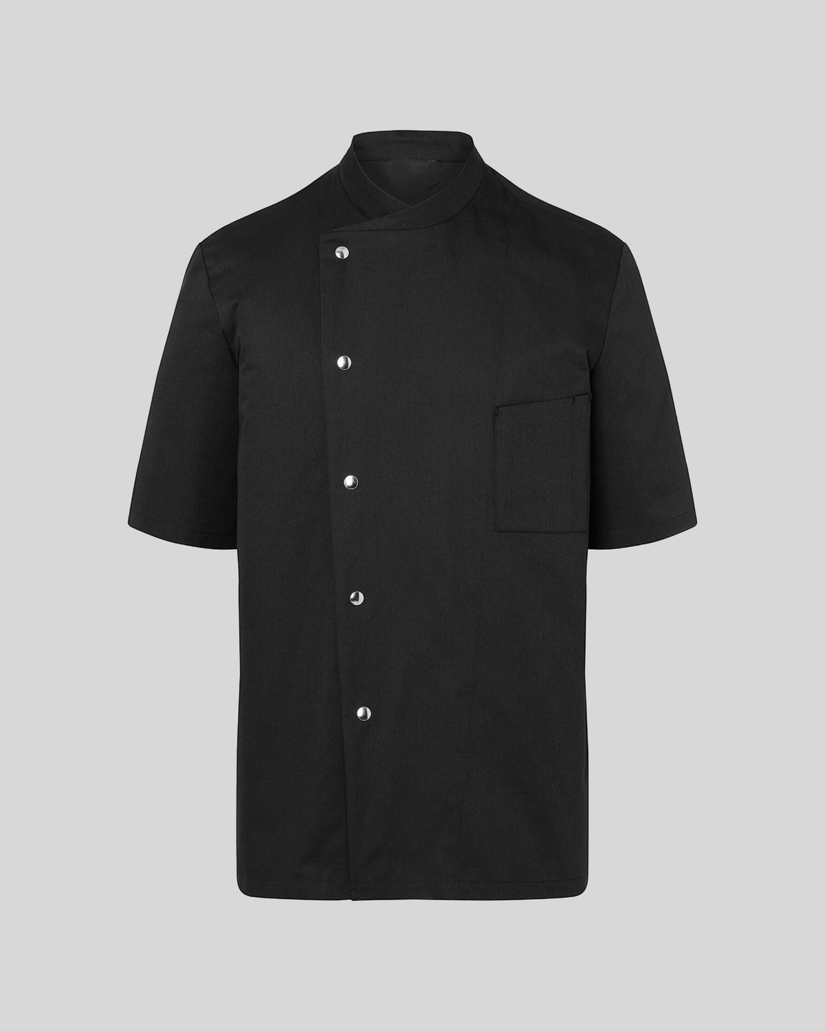 Reapsew black short sleeve executive chef jacket with a modern snap-button front and a convenient chest pocket.